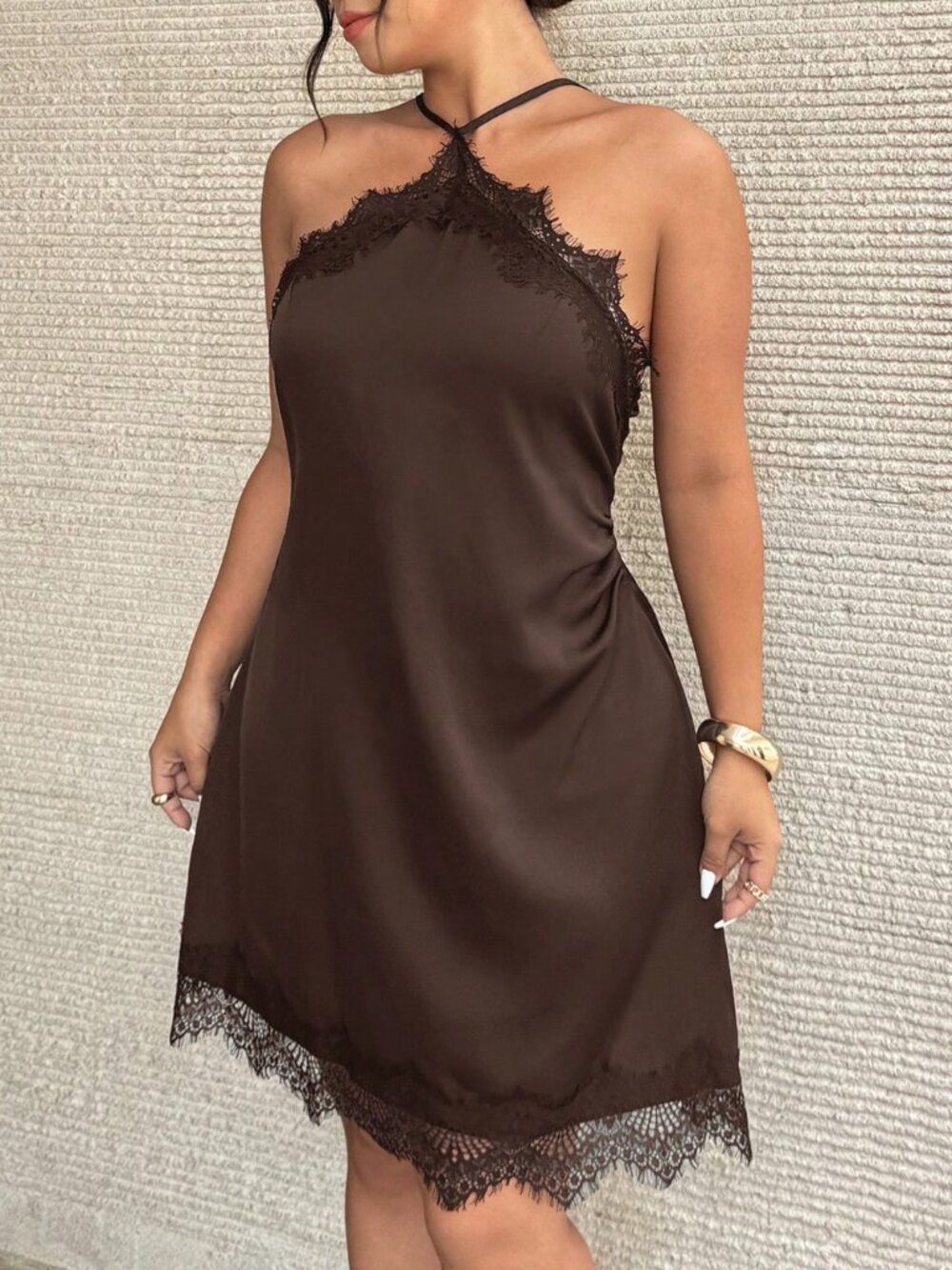 Brown Elegant Women's Plus Size Contrast Lace Halter Fitted Mini Dress - Picture 3 of 7